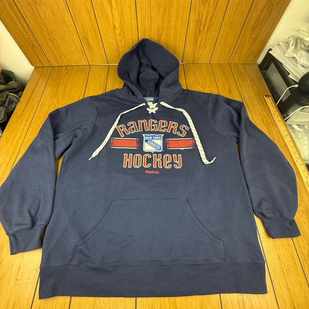 Reebok New York Rangers Hockey Hoodie Navy Blue XXL Lace Up‎ Hood 80 Cotton